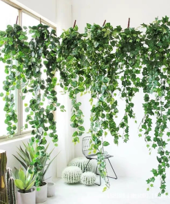 Artificial climbing plants decorate homes, cafes, and shops, creating a green space.
